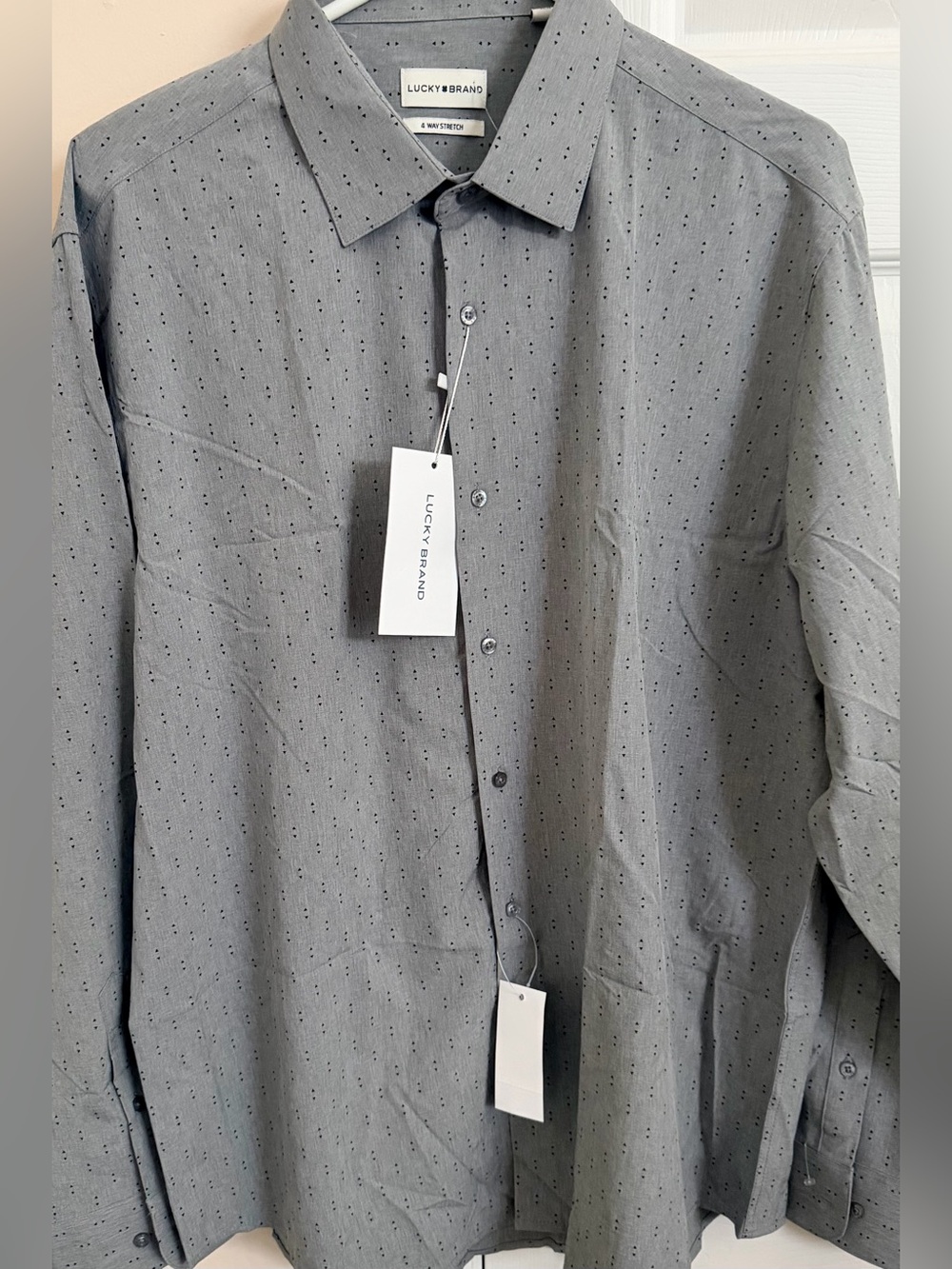 Lucky Brand Gray Button-Up Shirt with Subtle Dot Pattern Slim Fit 4 Way Stretch